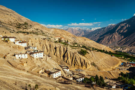Dhankar gompa monastery and Dhankar village, Spiti valley, Himachal Pradesh, Indiaの写真素材