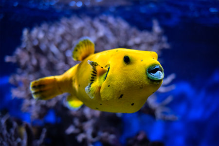 Yellow golden puffer guineafowl puffer fish underwaterの写真素材