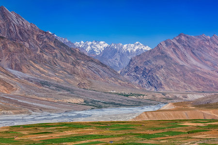 View of Spiti valley and Spiti river in Himalayas.