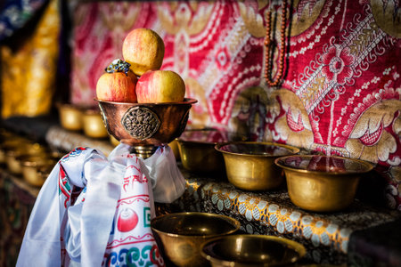 Buddhist offerings. Thiksey monastery. Ladakh, Indiaの写真素材