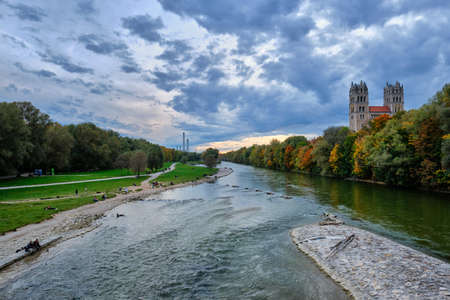 Isar river, park and St Maximilian church from Reichenbach Bridge. Munchen, Bavaria, Germany.の写真素材