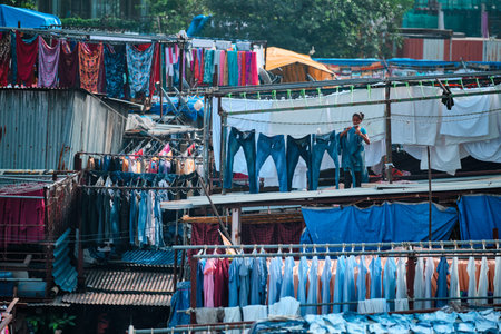 Dhobi Ghat Mahalaxmi Dhobi Ghat is an open air laundromat lavoir in Mumbai, India with laundry drying on ropesのeditorial素材