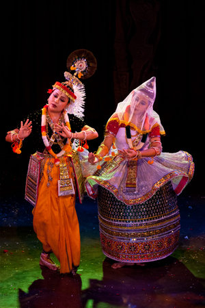CHENNAI, INDIA - DECEMBER 12, 2010: Indian classical dance Manipuri preformance on December 12, 2010 in Chennai, India. Female is portraying Krishna characterのeditorial素材