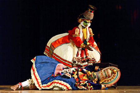 CHENNAI, INDIA - SEPTEMBER 9, 2009: Indian traditional dance drama Kathakali preformance in Chennai, India. Actors portraying Lakshmana and giant bird Jatayu characters of Ramayana dramaのeditorial素材