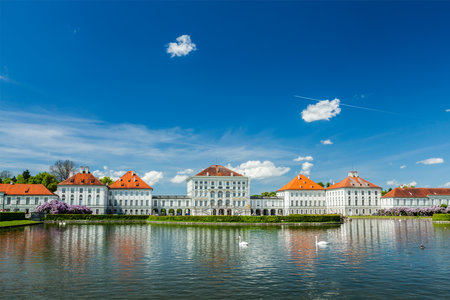 Swans in artificial pool in front of the Nymphenburg Palace. Munich, Bavaria, Germanyのeditorial素材