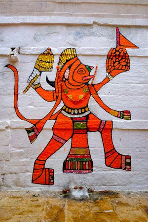 Jaisalmer, India - November 16, 2019: Hanuman Indian Hindu god image painted on wall. Jaiasalmer, Rajasthan, Indiaのeditorial素材