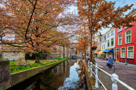 Delft, Netherlands - May 12, 2017: Delft street with canal and old houses with unidentified woman riding bicycleのeditorial素材