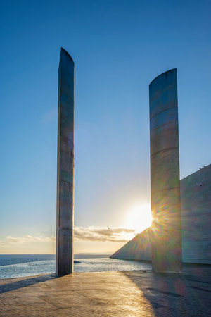 Lisbon, Portugal - September 4, 2022: Modern architecture stone columns and fountain at the Champalimaud foundation - Portuguese non-profit foundation for scientific medical research in Belemのeditorial素材