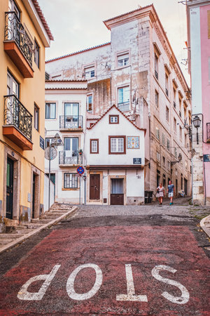 Lisbon, Portugal - September 20, 2022: The oldest house in Lisbon on Rua dos Cegos in Alfama district built in 16h century is more than 500 years old and managed to withstand the earthquake of 1755のeditorial素材