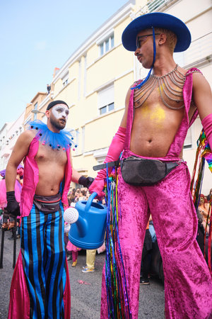 Lisbon, Portugal - February 18, 2023: Carnival parade in streets of Lisbon by artistic collective Clandestine Colombinaのeditorial素材