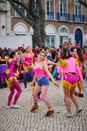 Lisbon, Portugal - February 18, 2023: Carnival parade in streets of Lisbon by artistic collective Clandestine Colombinaのeditorial素材