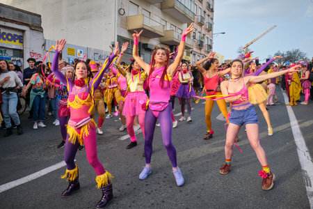 Lisbon, Portugal - February 18, 2023: Carnival parade in streets of Lisbon by artistic collective Clandestine Colombinaのeditorial素材