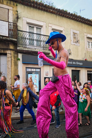 Lisbon, Portugal - February 18, 2023: Carnival parade in streets of Lisbon by artistic collective...