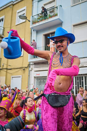 Lisbon, Portugal - February 18, 2023: Carnival parade in streets of Lisbon by artistic collective Clandestine Colombinaのeditorial素材