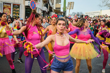 Lisbon, Portugal - February 18, 2023: Carnival parade in streets of Lisbon by artistic collective Clandestine Colombinaのeditorial素材