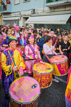 Lisbon, Portugal - February 18, 2023: Carnival parade in streets of Lisbon by artistic collective Clandestine Colombinaのeditorial素材