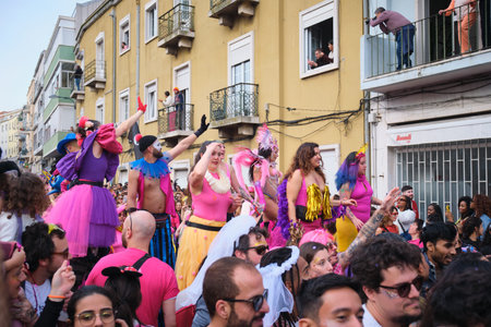 Lisbon, Portugal - February 18, 2023: Carnival parade in streets of Lisbon by artistic collective Clandestine Colombinaのeditorial素材