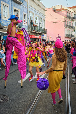 Lisbon, Portugal - February 18, 2023: Carnival parade in streets of Lisbon by artistic collective Clandestine Colombinaのeditorial素材