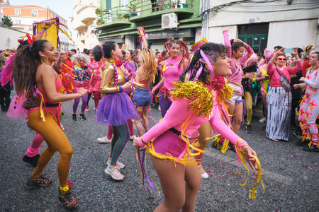 Lisbon, Portugal - February 18, 2023: Carnival parade in streets of Lisbon by artistic collective Clandestine Colombinaのeditorial素材