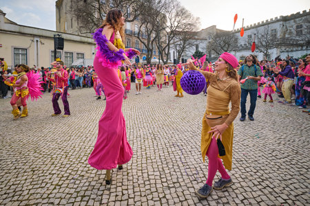 Lisbon, Portugal - February 18, 2023: Carnival parade in streets of Lisbon by artistic collective Clandestine Colombinaのeditorial素材