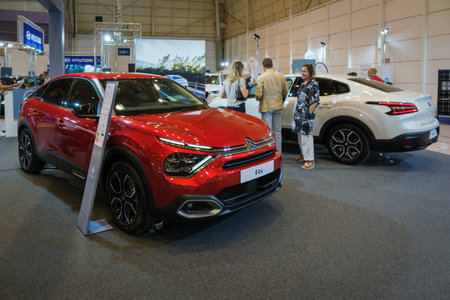 Lisbon, Portugal - May 12, 2023: Citroen e-C4 and Citroen e-C4 X electric cars on display at ECAR SHOW - Hybrid and Electric Motor Showのeditorial素材