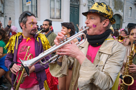 Lisbon, Portugal - February 18, 2023: Carnival parade in streets of Lisbon by artistic collective Clandestine Colombinaのeditorial素材