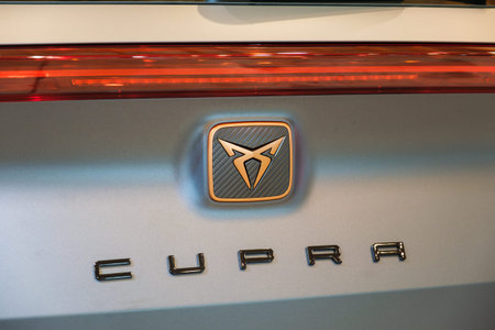 Lisbon, Portugal - May 12, 2023: Cupra electric car logo emblem close upのeditorial素材