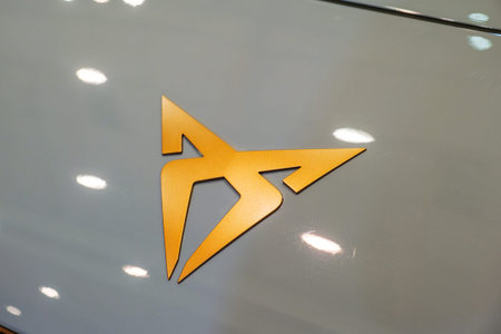 Lisbon, Portugal - May 12, 2023: Cupra electric car logo emblem close upのeditorial素材