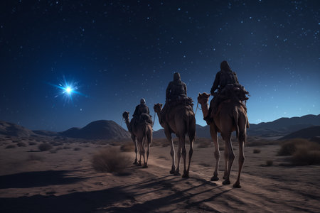 Christmas Jesus birth concept - Adoration of the Magi, Three Wise Men, Three Kings, and the Three biblical Magi with camel silhouettes journeying in sand dunes of desert follow Bethlehem star at nightの素材
