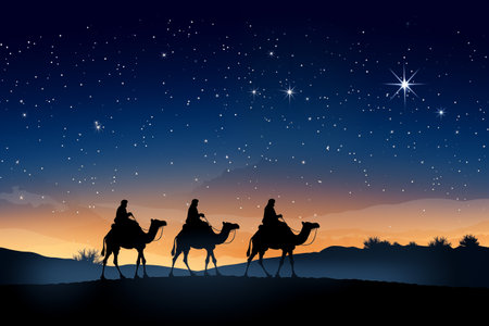 Christmas Jesus birth concept - Adoration of the Magi, Three Wise Men, Three Kings, and the Three biblical Magi with camel silhouettes journeying in sand dunes of desert follow Bethlehem star at nightの素材