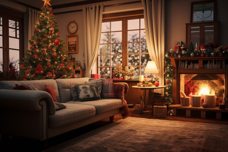 A cozy interior living room with burning fireplace decorated for Christmas with a Christmas tree. The image captures the warm and inviting atmosphere of the holiday seasonの素材