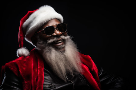 A modern black Santa Claus in Santa hat with sunglasses and a long white beard, smiling looking at camera against a dark backgroundの素材