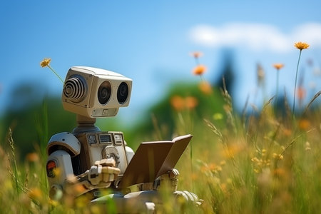 AI learning concept - a cute robot reading a book in a summer meadow. The image captures the harmony between nature and technologyの素材