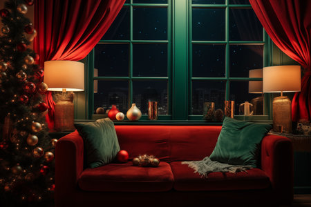 A cozy interior living room decorated for Christmas with a Christmas tree. The image captures the warm and inviting atmosphere of the holiday seasonの素材