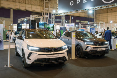 Lisbon, Portugal - May 12, 2023: Opel Grandland GSe hybrid and Opel Mokka electric cars on display at ECAR SHOW - Hybrid and Electric Motor Showのeditorial素材