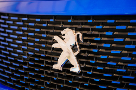 Lisbon, Portugal - May 12, 2023: Peugeot car logo emblem close upのeditorial素材