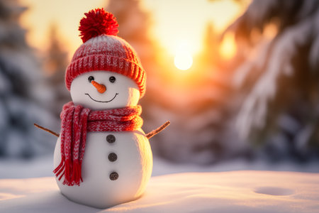 Smiling cute snowman with a red scarf and hat in a winter forest landscape at sunset. Concept the holiday season and cold weatherの素材