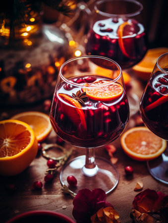 Glass of traditional mulled wine with orange and cranberry garnishes on a cozy Christmas table. The background is blurred with bokeh lights and candles, creating a warm and festive atmosphereの素材