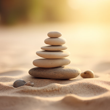 Zen stones stack on sand waves in a minimalist setting for balance and harmony. Balance, harmony, and peace of mind, wellness, meditation, and spirituality conceptの素材