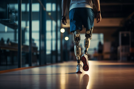 Amputee sportsman walking in corridor with bionic prosthetic legs prosthesis with robotic technology. Advancements in medical science and engineering, determination, strength, progress of the disabledの素材