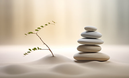 Zen stones stack on sand waves in a minimalist setting for balance and harmony. Balance, harmony, and peace of mind, wellness, meditation, and spirituality conceptの素材