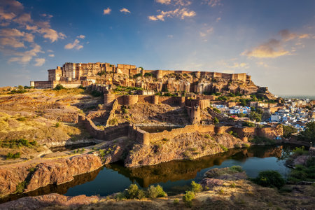 Mehrangarh Fort and Padamsar Talab and Ranisar Talab lakes on sunset , Jodhpur, Rajasthan, Indiaの写真素材