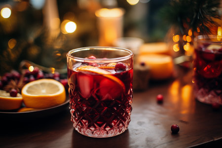 Glass of traditional mulled wine with orange and cranberry garnishes on a cozy Christmas table. The background is blurred with bokeh lights and candles, creating a warm and festive atmosphereの素材