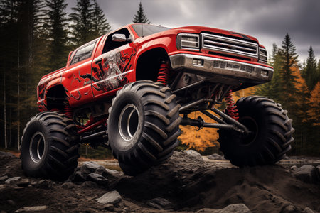 Monster truck driving outdoors amidst a cloud of dust. Thrill and adrenaline of an outdoor racing event on off-road terrainの素材