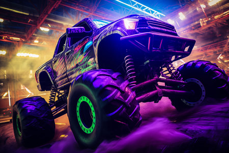 Monster truck illuminated by neon lights amidst a cloud of dust at an indoor arena. Excitement and thrill of an extreme sport and entertainment monster truck stunts racing showの素材