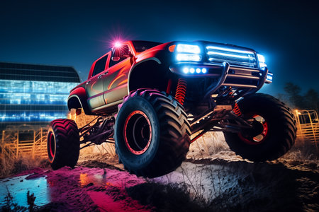 Monster truck with neon lighting, off-road in cloud of dust. Excitement and thrill of an extreme sportの素材