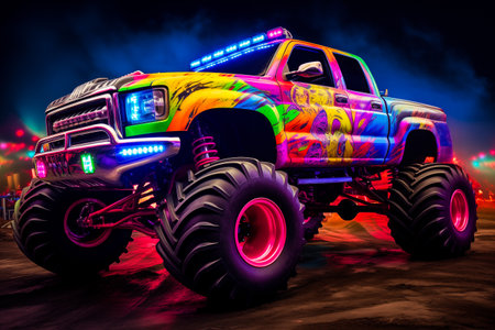 Monster truck illuminated by neon lights - excitement and thrill of an extreme sport and entertainment monster truck stunts racing showの素材