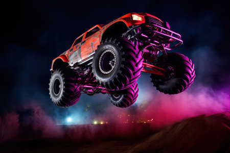 Monster truck with neon lighting, jumping off-road outdoors in cloud of dust, during a night event, surrounded by vibrant lights and smoke. Excitement and thrill of an extreme sportの素材