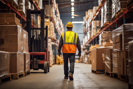 A worker in a reflective vest operates a forklift in a well-lit warehouse, navigating through aisles stacked with packaged goods. Efficiency and organization of a modern distribution centerの素材