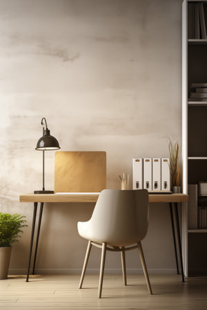 Modern minimalist workspace featuring a neat desk with contemporary accessories, a comfortable chair, and a stylish lamp against an elegant textured wall. Remote work home officeの素材